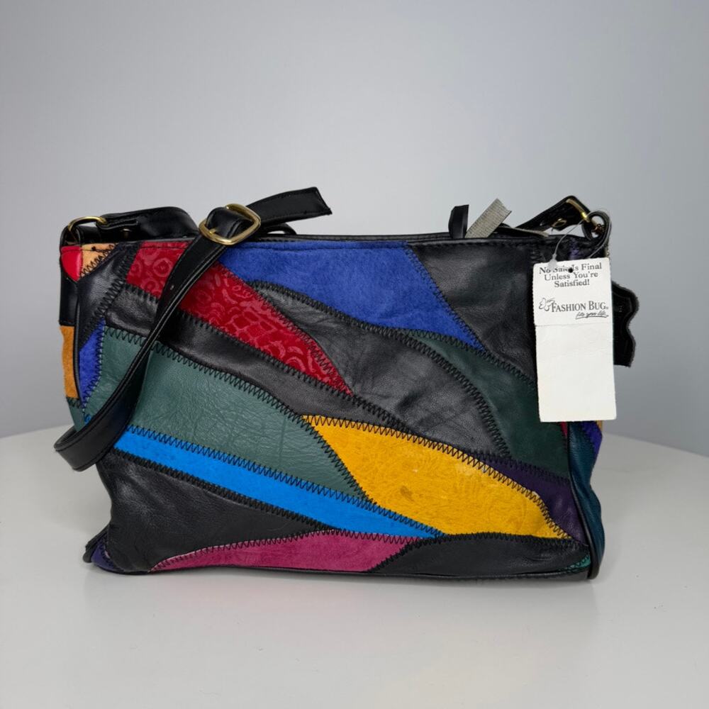 Vintage Fashion Bug Multicolored Patchwork, Quilted Leather Crossbody Purse